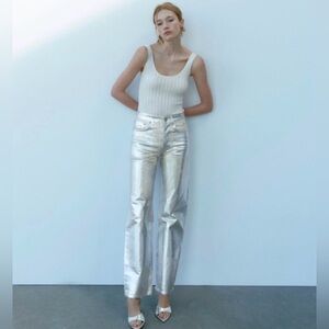 Zara Shiny Silver Metallic Pants